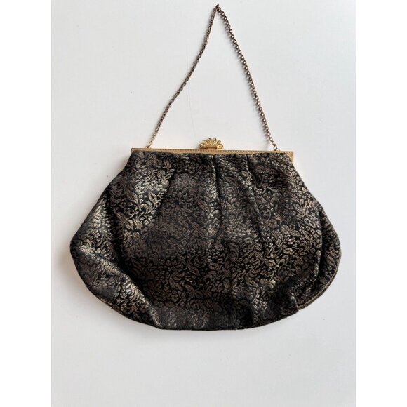 Vintage SIMPSON'S Black Gold Brocade Kiss Loss Evening Purse Bag - Picture 4 of 9
